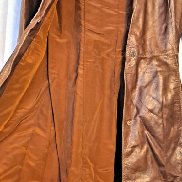 VINTAGE LEATHER FITTED MID TRENCH COAT - BUCKLE BELT - SOFT HONEY BROWN ~WILSONS - Picture 13 of 16
